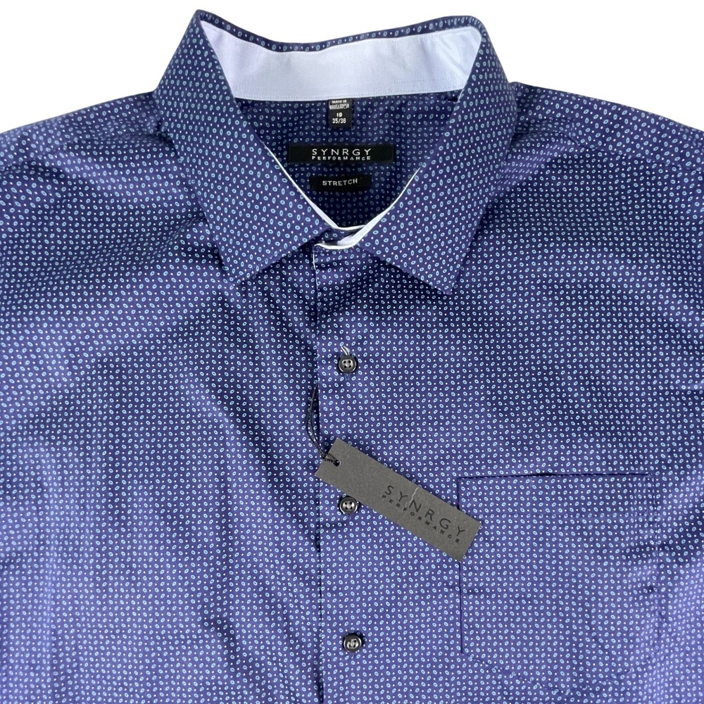 SYNRGY Button Down NWT Men 19 35/36 Blue Performance Wrinkle-Resistant Shirt
